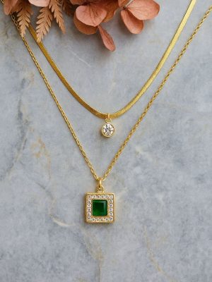Elegant Layered Gold Crystal & Emerald Pendant Necklace for Women | Luxury Double Layer Necklace