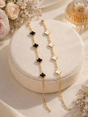 Elegant Clover Charm Bracelet for Women | Gold Plated Black & White Flower Bracelet